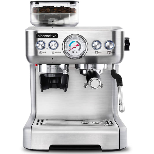 Authentic Sincreative Espresso Machine & Coffee Maker – 20Bar Semi Automatic Espresso Machine with Grinder & Steam Wand – All in One Espresso Maker & Latte